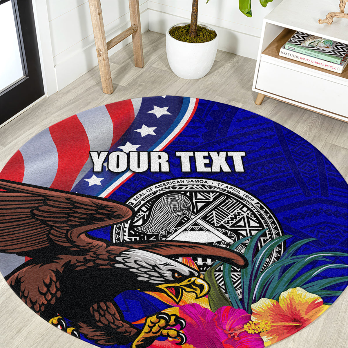 Round blue Polynesian patterned rug with eagle, hibiscus, and custom text