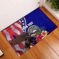 Blue rubber doormat with eagle, seal, hibiscus and polynesian pattern, 'Your Text'
