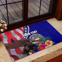 Blue rubber doormat with eagle and US seal, hibiscus flowers, polynesian pattern