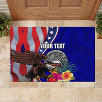Blue rubber doormat with eagle, US flag motif, circular seal and hibiscus flowers