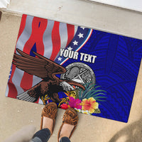 Blue rubber doormat with eagle, seal, hibiscus and polynesian pattern, 'Your Text'