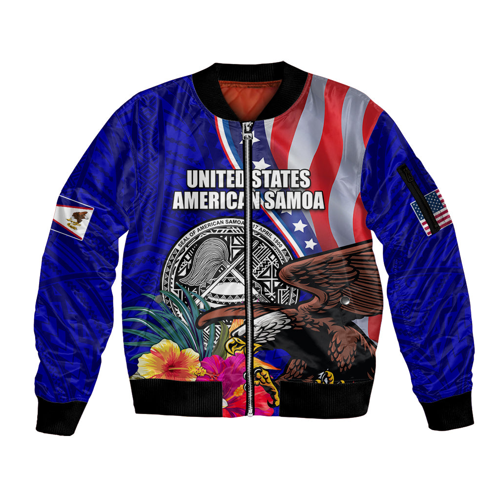 Personalised American Samoa and United States Sleeve Zip Bomber Jacket Bald Eagle and Seal Hibiscus Polynesian Pattern