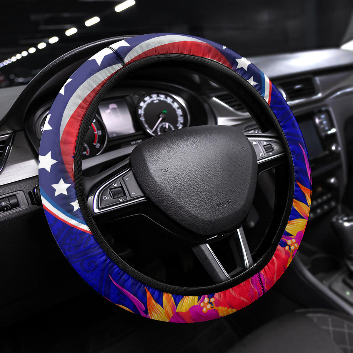 Personalised American Samoa and United States Steering Wheel Cover Bald Eagle and Seal Hibiscus Polynesian Pattern