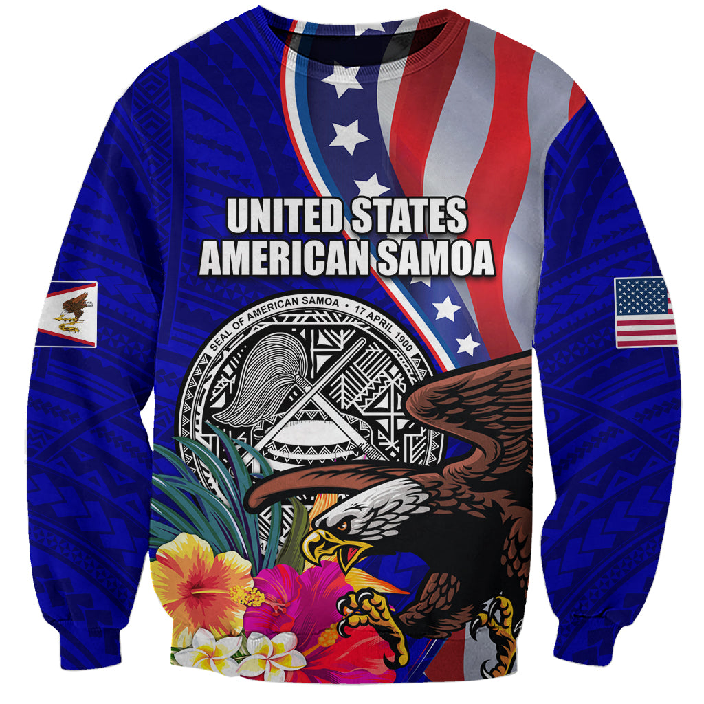 Blue crewneck sweatshirt with eagle, seal, hibiscus flowers, and red-white stars stripe print