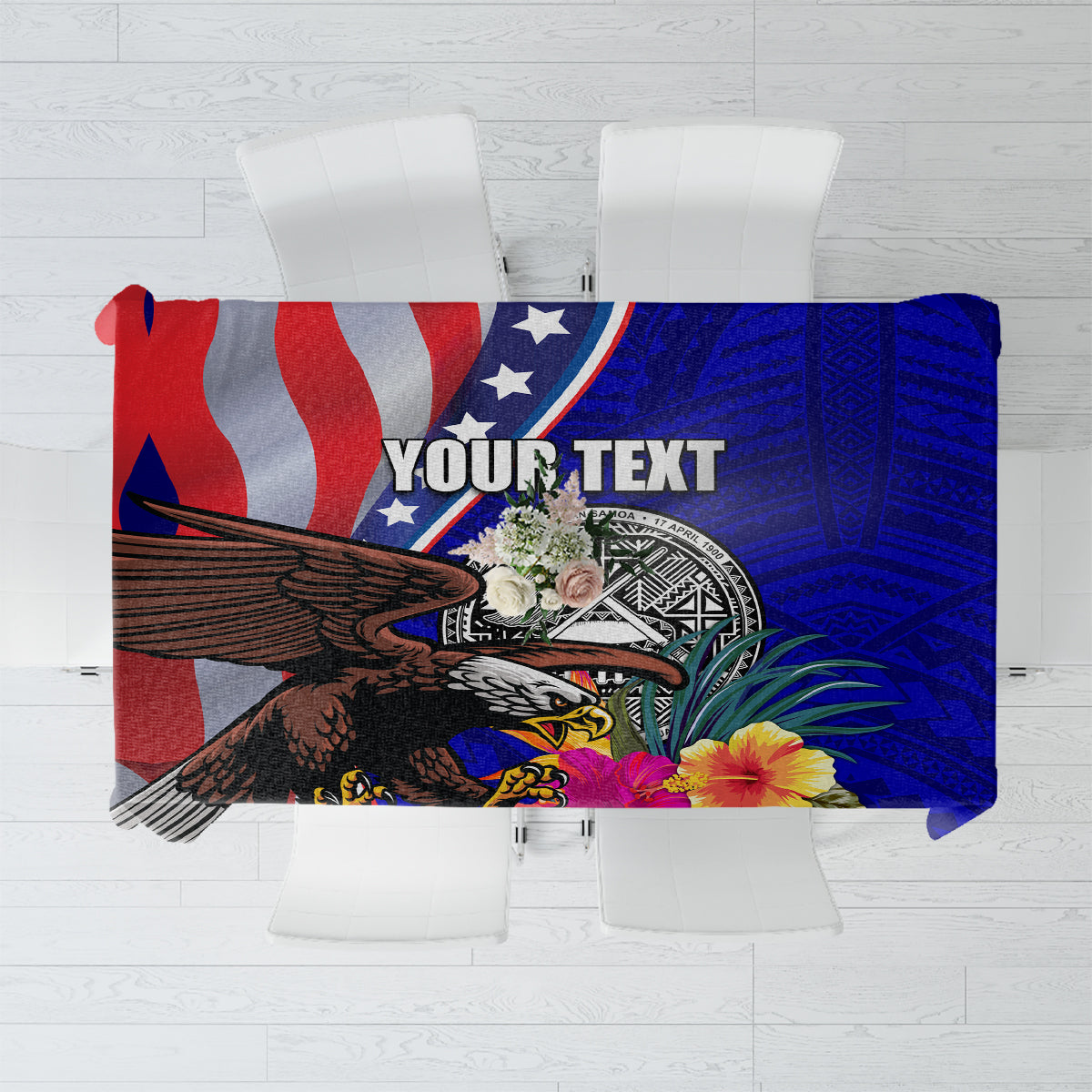 Blue tablecloth flat layout with eagle, seal, stars, and customizable “YOUR TEXT” area