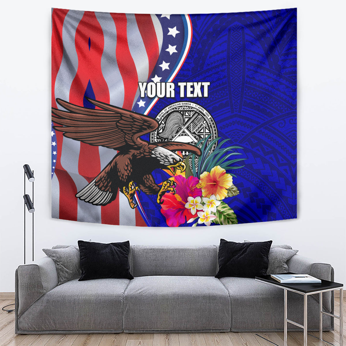 Personalized wall tapestry featuring US flag stripes, eagle, hibiscus flowers, and “YOUR TEXT”