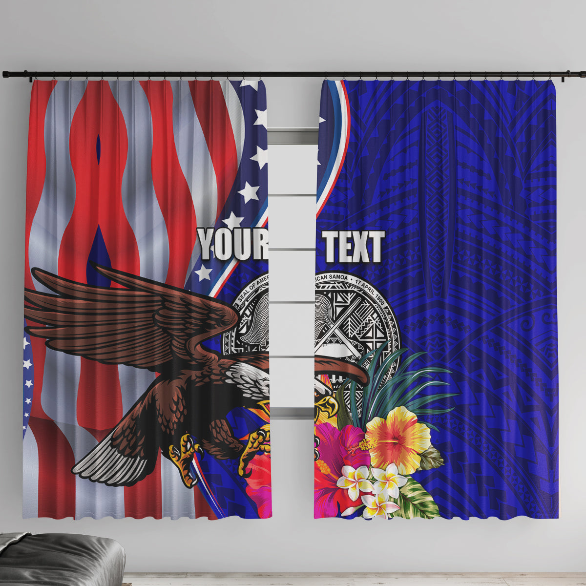 Personalised American Samoa and United States Window Curtain Bald Eagle and Seal Hibiscus Polynesian Pattern