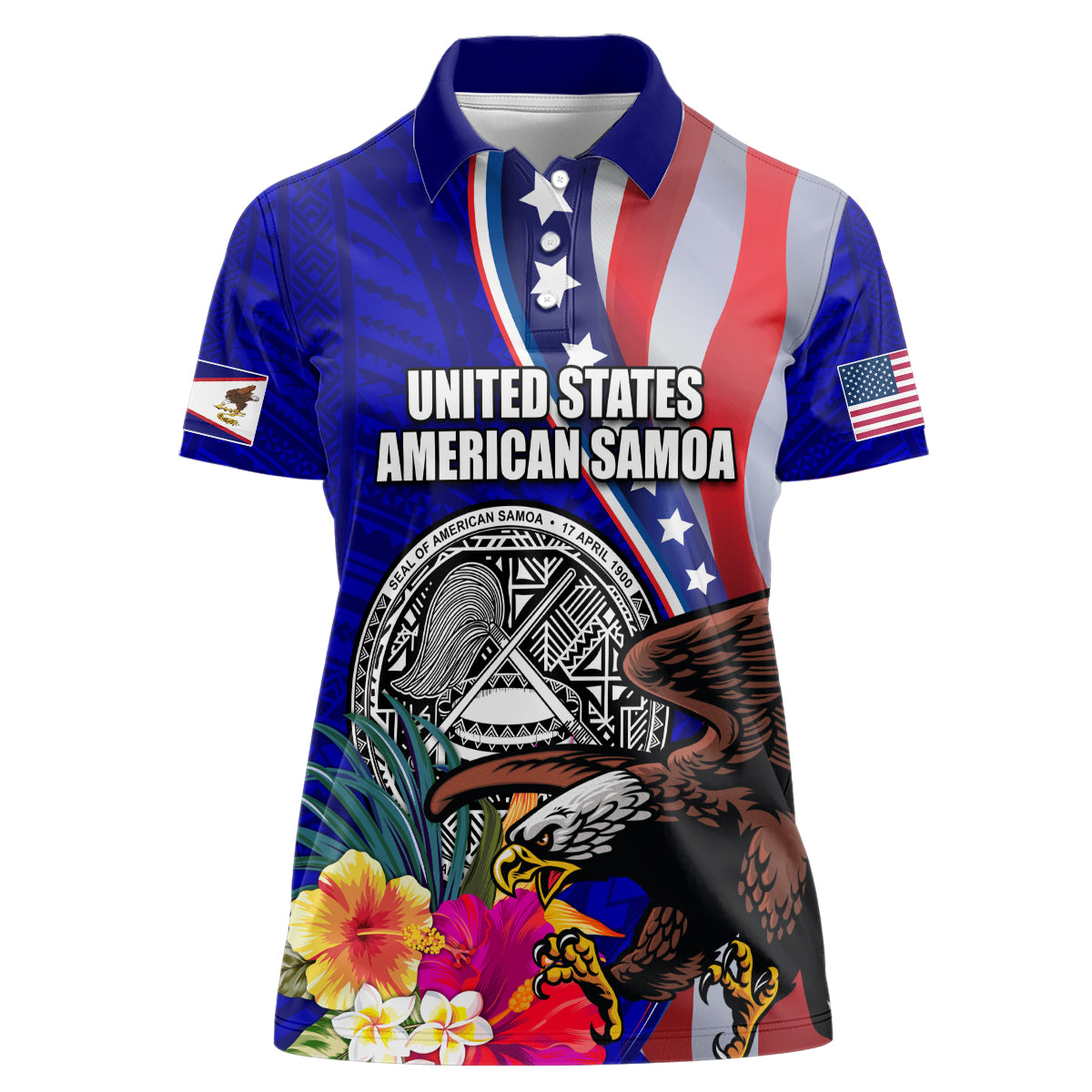 Personalised American Samoa and United States Women Polo Shirt Bald Eagle and Seal Hibiscus Polynesian Pattern