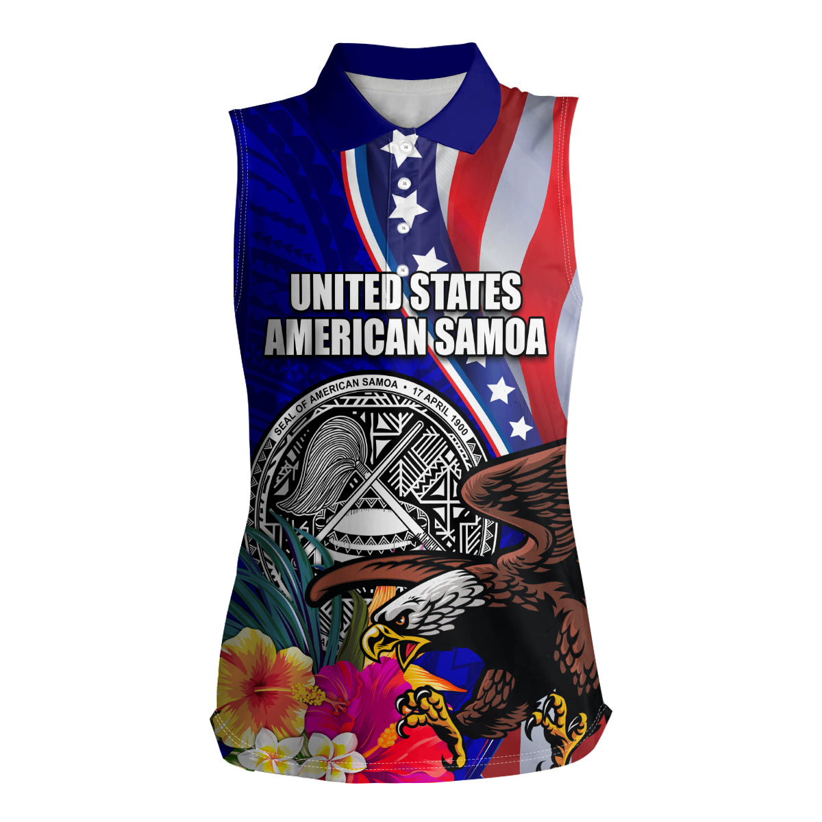 Personalised American Samoa and United States Women Sleeveless Polo Shirt Bald Eagle and Seal Hibiscus Polynesian Pattern