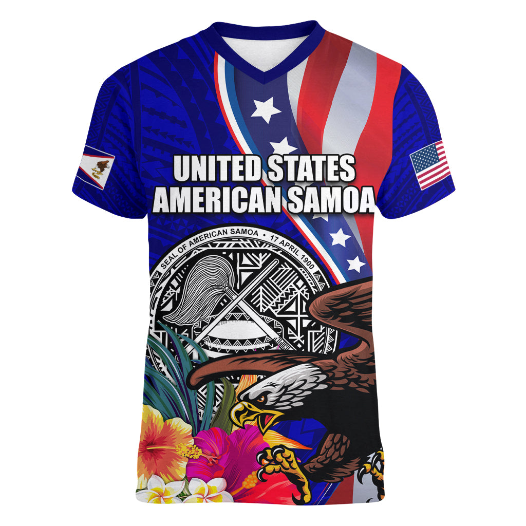 Personalised American Samoa and United States Women V-Neck T-Shirt Bald Eagle and Seal Hibiscus Polynesian Pattern