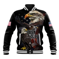Black baseball jacket with bald eagle graphic, USA flag patches, striped ribbed collar