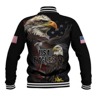 Black baseball jacket back view, large bald eagle and USA text, striped ribbed hem