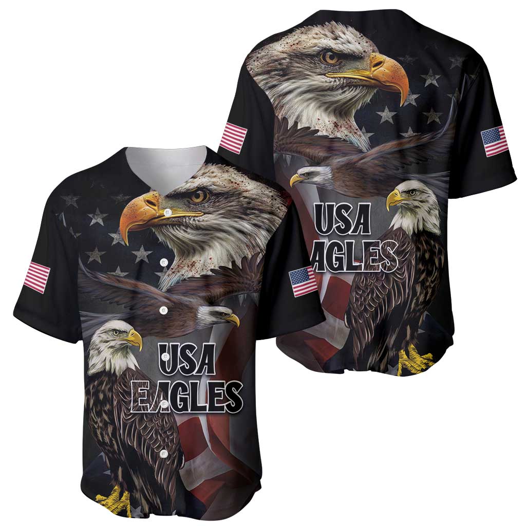 Black baseball jersey with eagle artwork, USA flag stars, and USA Eagles front and back prints