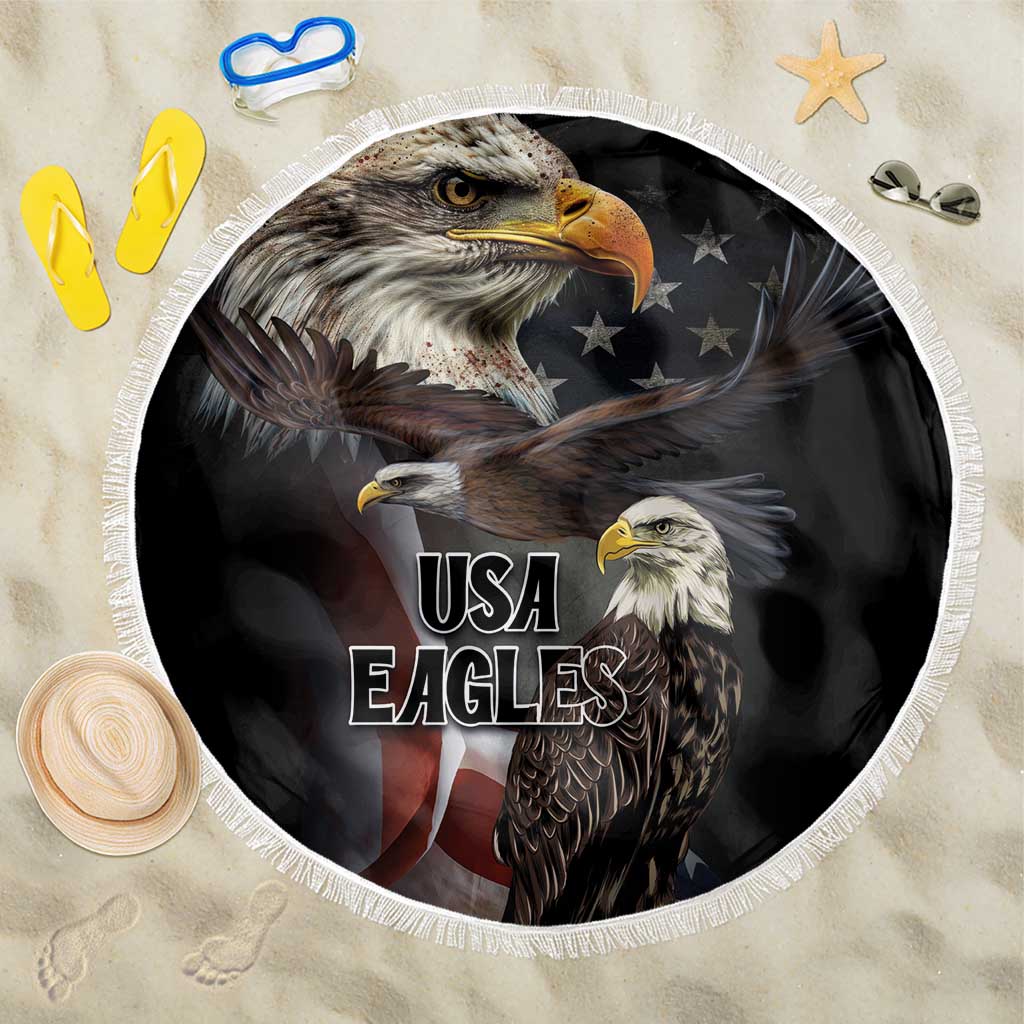 Round black beach blanket with white fringe, USA Eagles eagle graphic on dark background.