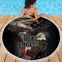 Round black beach blanket with white fringe, USA Eagles eagle portrait graphic.