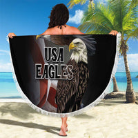 Round black beach blanket with white fringe, USA Eagles print with red-white shield and stars.
