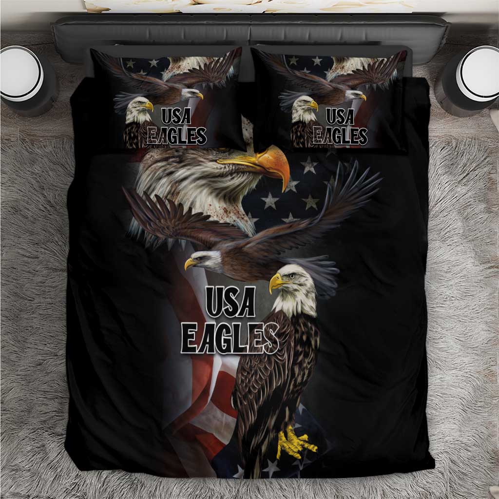 Black bedding set with eagle and USA graphic, matching pillow covers, flat lay view