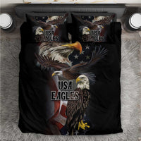 Black bedding set with eagle and USA graphic, matching pillow covers, flat lay view