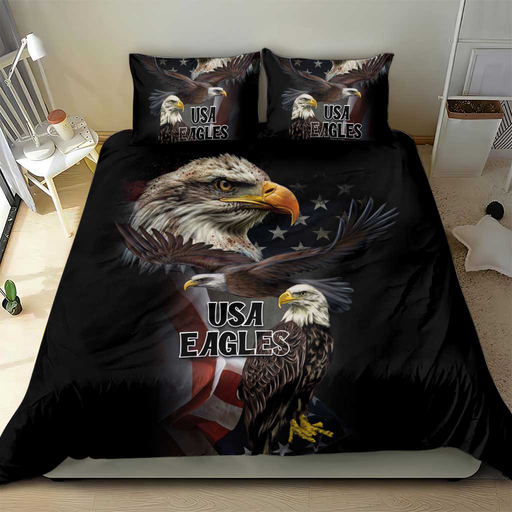 Black bedding set featuring eagle and USA Eagles print on duvet with two pillow covers