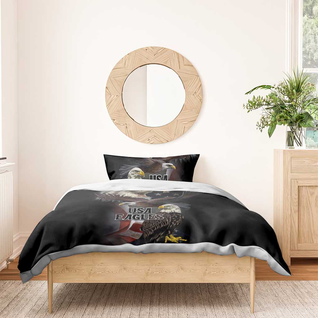 Black comforter with eagle and USA Eagles graphic, single pillow cover on bed