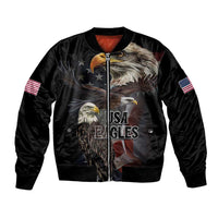 Black bomber jacket with eagle USA graphic, full-zip front, sleeve flag patches