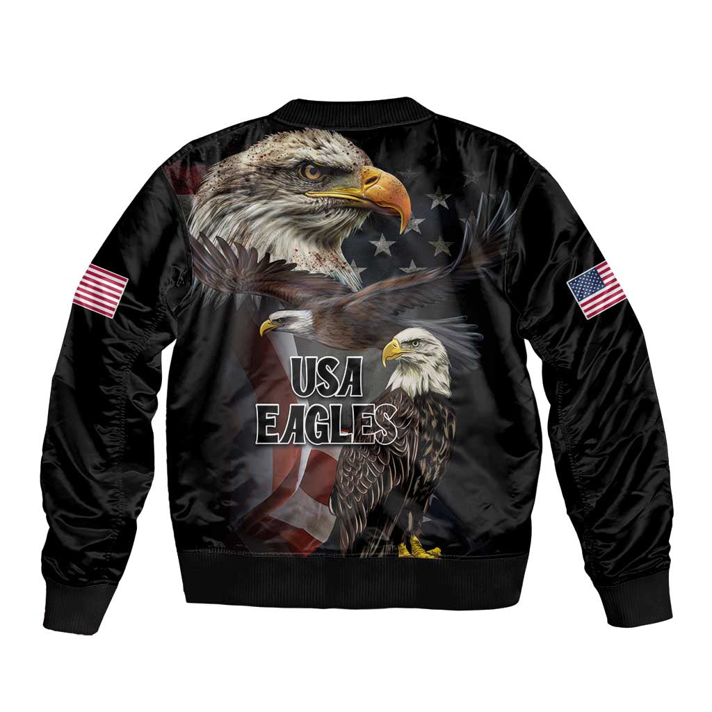 Black bomber jacket with eagle collage, USA EAGLES print, full-zip front, sleeve flag patches