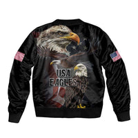 Black bomber jacket with eagle collage, USA EAGLES print, full-zip front, sleeve flag patches