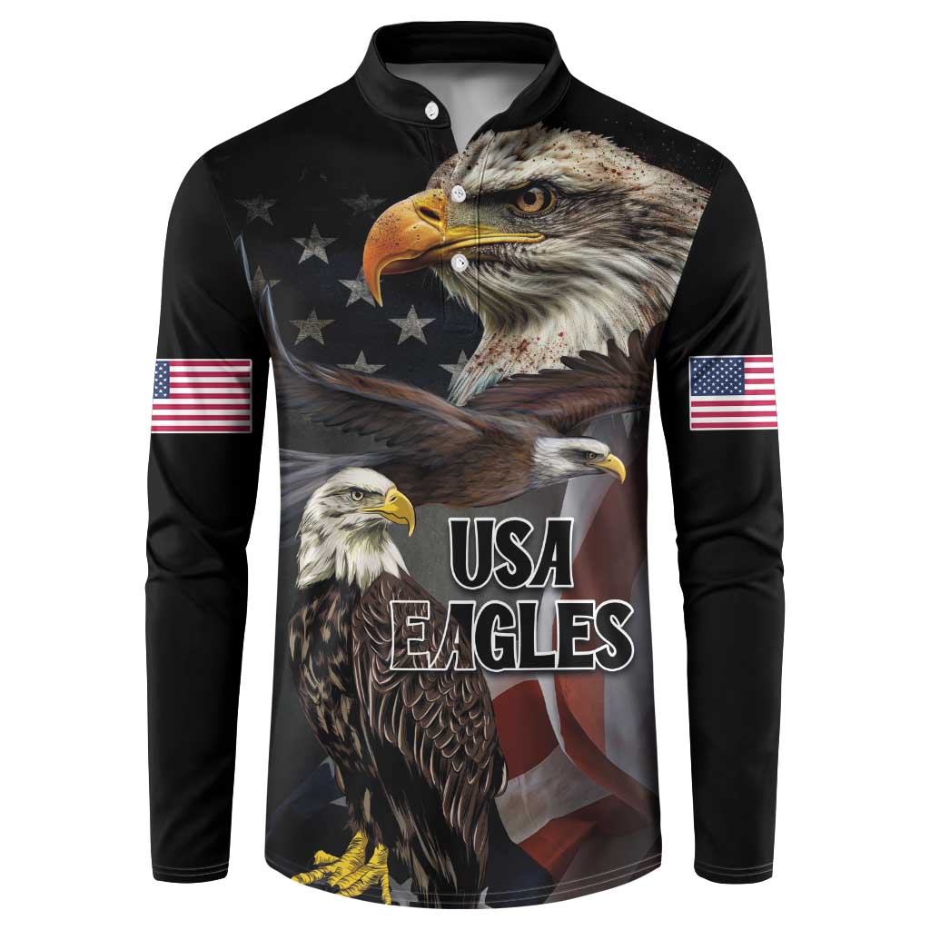 Black button sweatshirt with large eagle graphic and USA text, American flags on sleeves