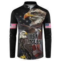 Black button sweatshirt with large eagle graphic and USA text, American flags on sleeves