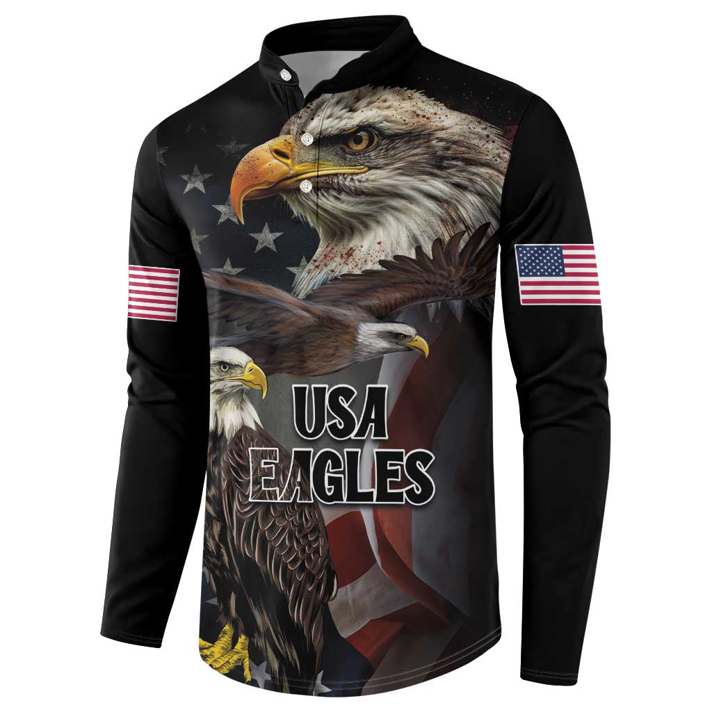 Black button sweatshirt with eagle face artwork, USA Eagles text, flag patches on sleeves