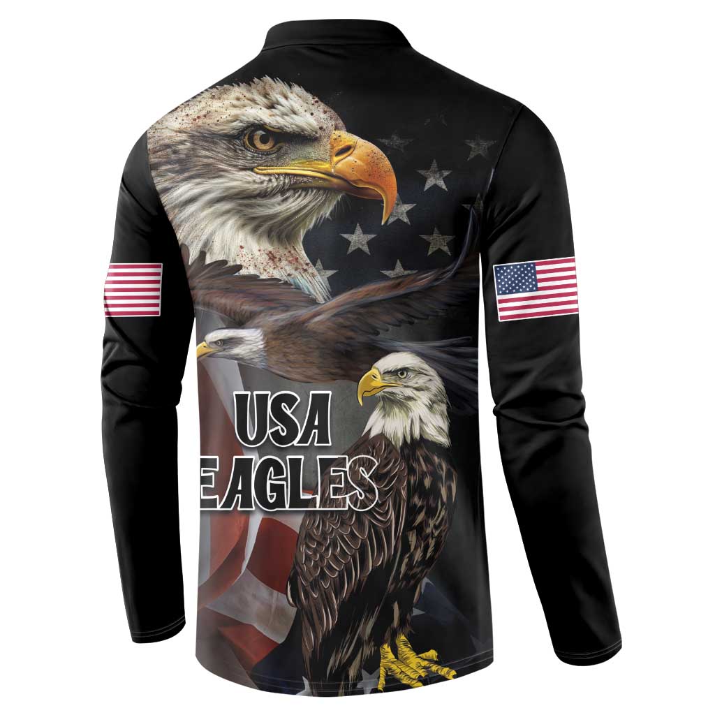 Black button sweatshirt showing back eagle portrait, USA Eagles text, flag sleeve patches