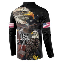 Black button sweatshirt showing back eagle portrait, USA Eagles text, flag sleeve patches