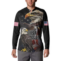 Black button sweatshirt on model with eagle graphic, USA Eagles text, flag details on sleeves