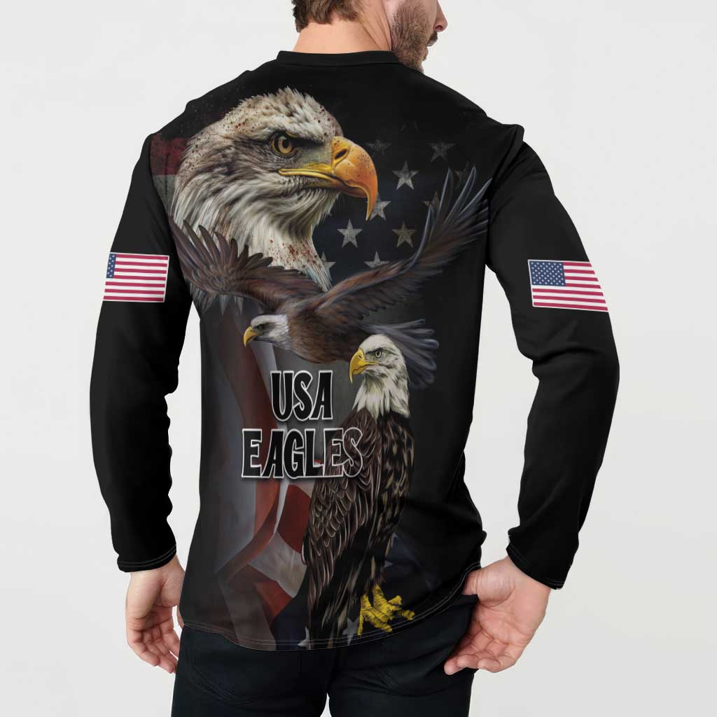 Black button sweatshirt on model, back eagle artwork with USA Eagles text and flag sleeve patches