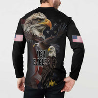 Black button sweatshirt on model, back eagle artwork with USA Eagles text and flag sleeve patches