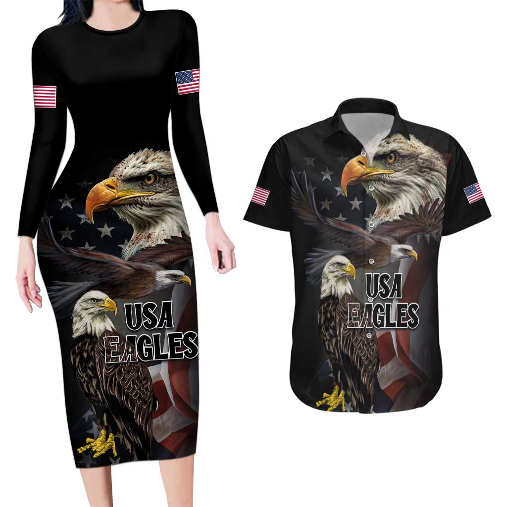 American Eagles Couples Matching Long Sleeve Bodycon Dress and Hawaiian Shirt United States Flag Vintage Style - Wonder Print Shop