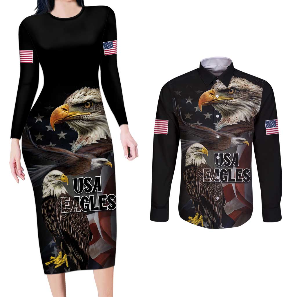 American Eagles Couples Matching Long Sleeve Bodycon Dress and Long Sleeve Button Shirt United States Flag Vintage Style - Wonder Print Shop