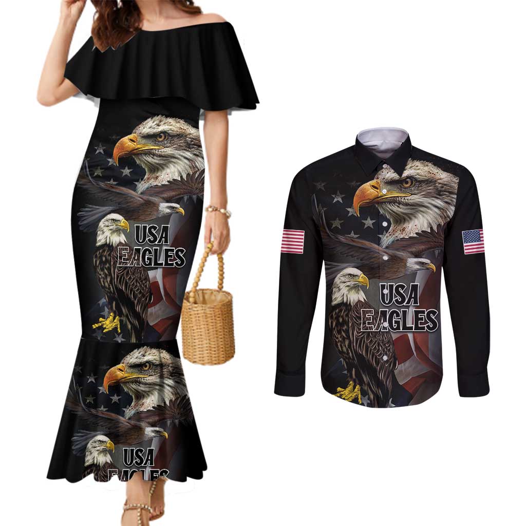 American Eagles Couples Matching Mermaid Dress and Long Sleeve Button Shirt United States Flag Vintage Style