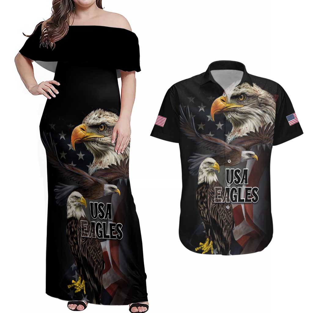 American Eagles Couples Matching Off Shoulder Maxi Dress and Hawaiian Shirt United States Flag Vintage Style - Wonder Print Shop