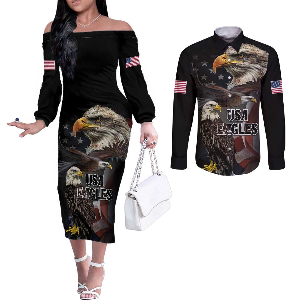 American Eagles Couples Matching Off The Shoulder Long Sleeve Dress and Long Sleeve Button Shirt United States Flag Vintage Style