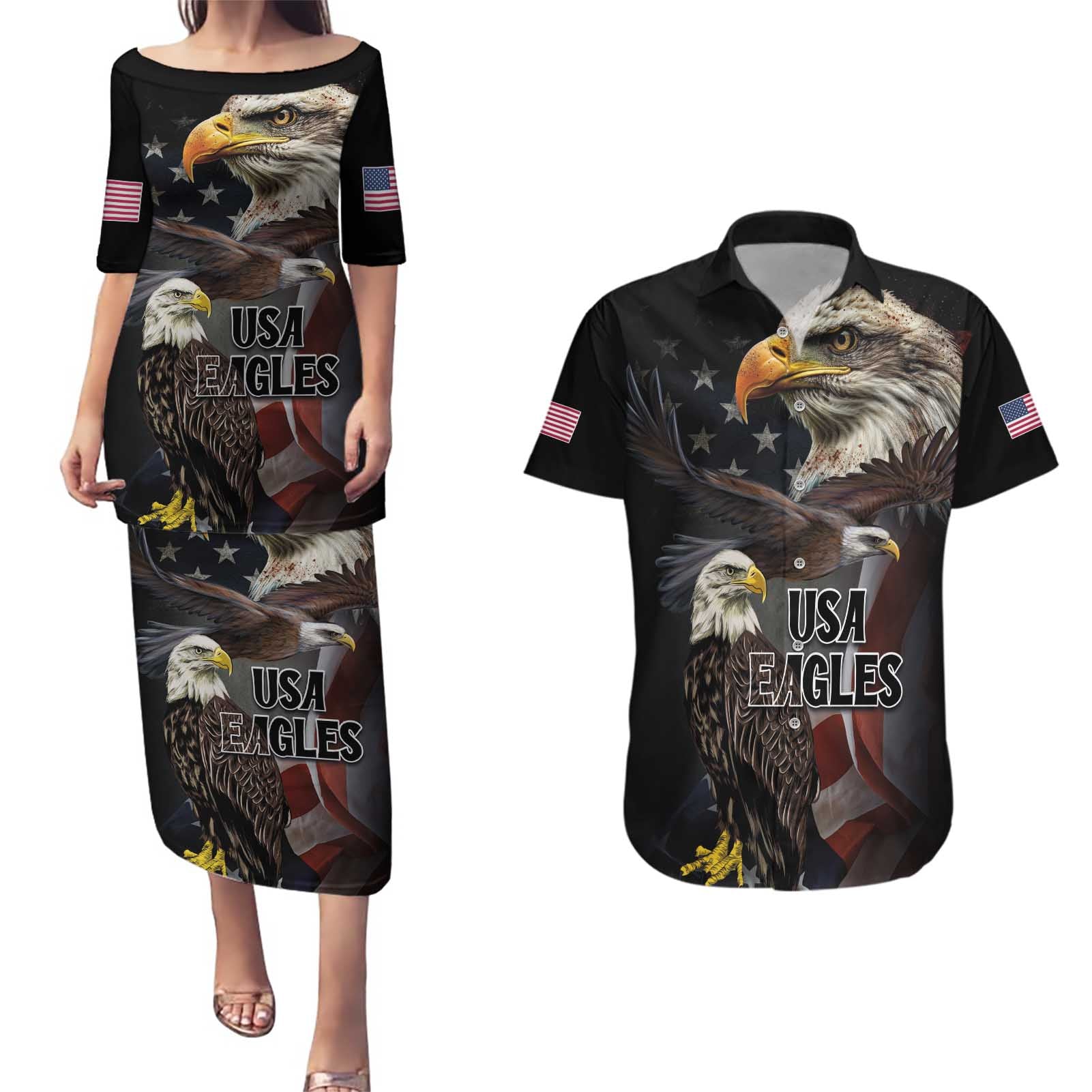 American Eagles Couples Matching Puletasi and Hawaiian Shirt United States Flag Vintage Style - Wonder Print Shop