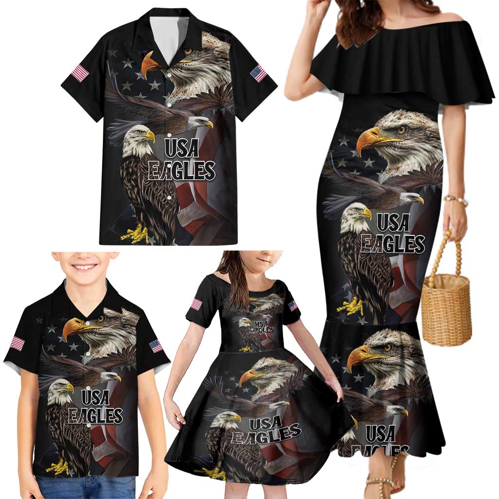 American Eagles Family Matching Mermaid Dress and Hawaiian Shirt United States Flag Vintage Style - Wonder Print Shop