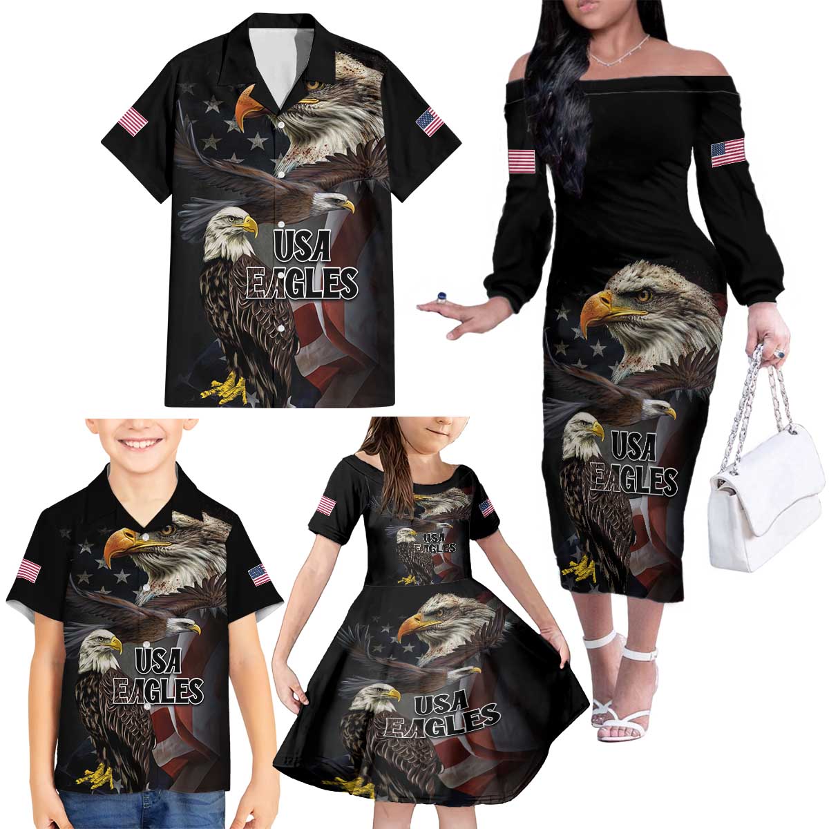 American Eagles Family Matching Off The Shoulder Long Sleeve Dress and Hawaiian Shirt United States Flag Vintage Style - Wonder Print Shop