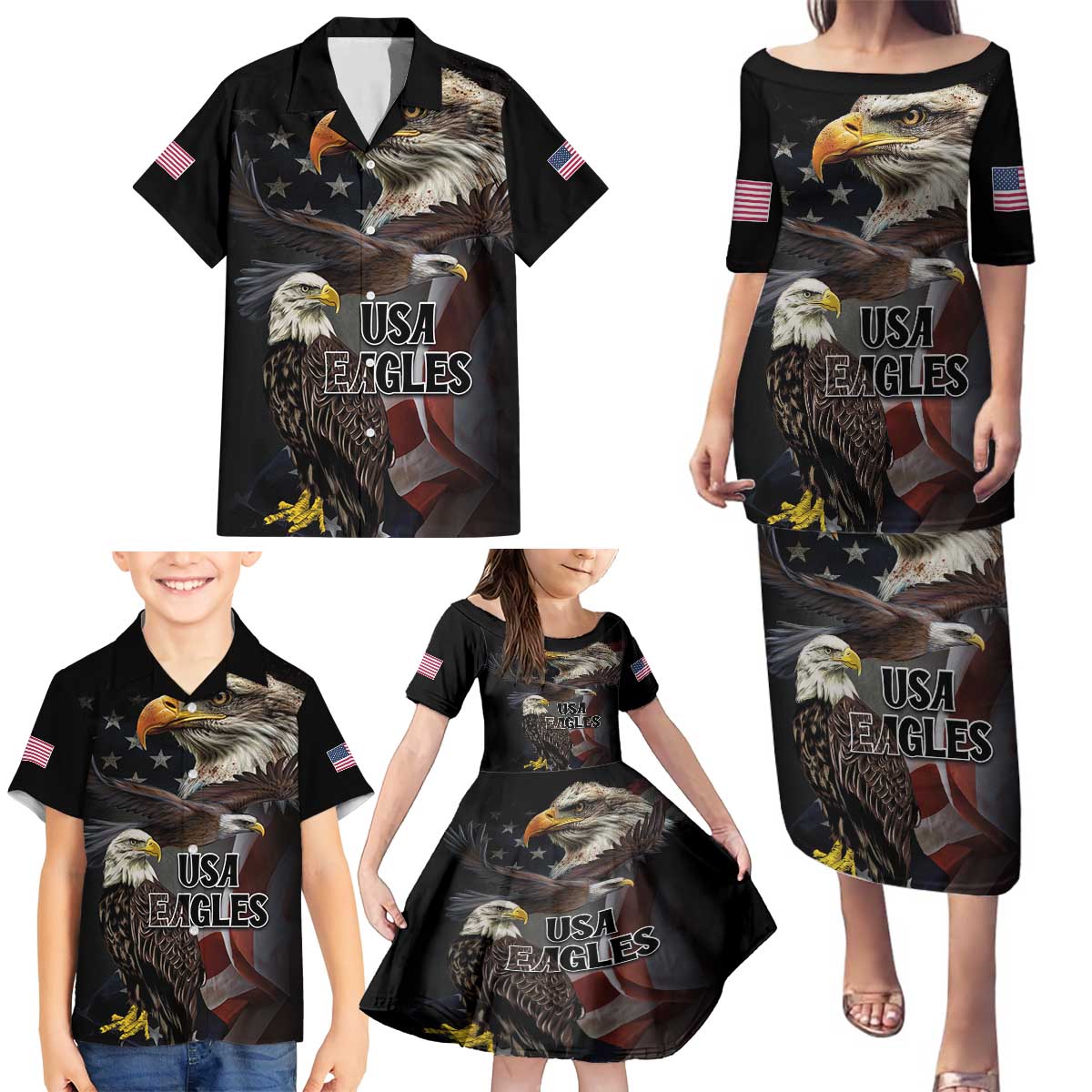 American Eagles Family Matching Puletasi and Hawaiian Shirt United States Flag Vintage Style - Wonder Print Shop