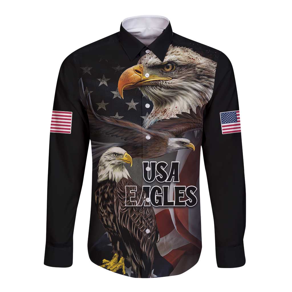 Black long-sleeve button shirt with eagle and USA graphic front
