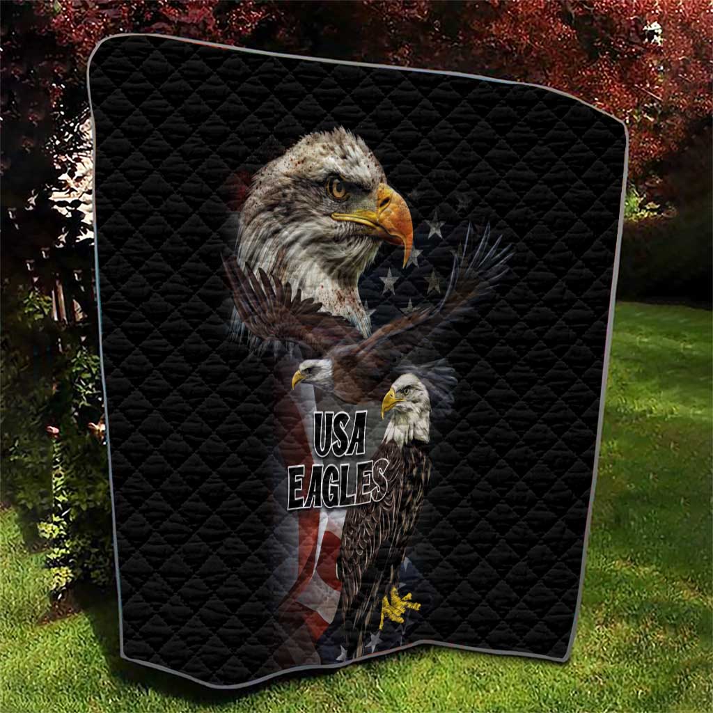 Black quilt blanket with quilted texture, large eagle image and USA Eagles text