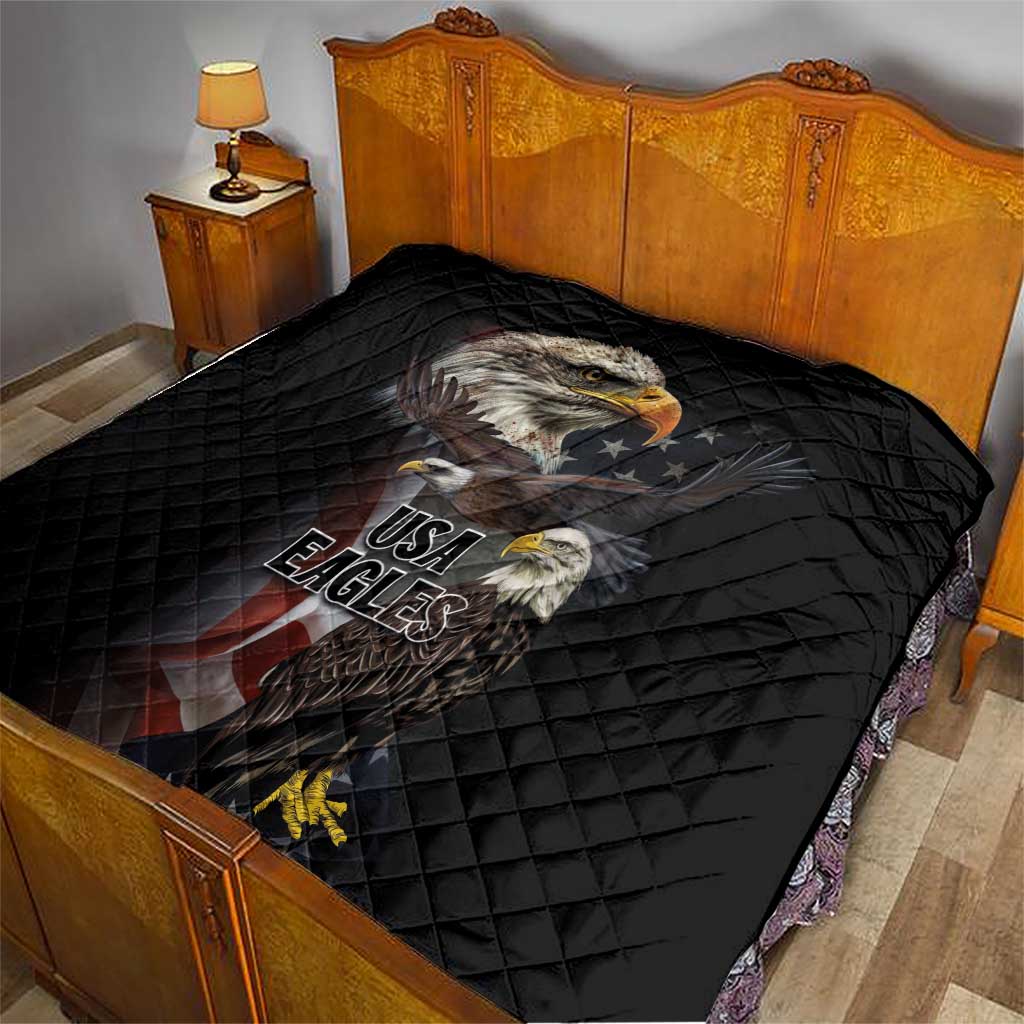 Black quilt blanket on a bed with eagles graphic and USA Eagles logo