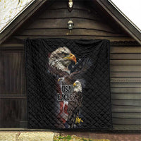 Black quilt blanket displayed on a porch wall, with eagle artwork and USA Eagles text