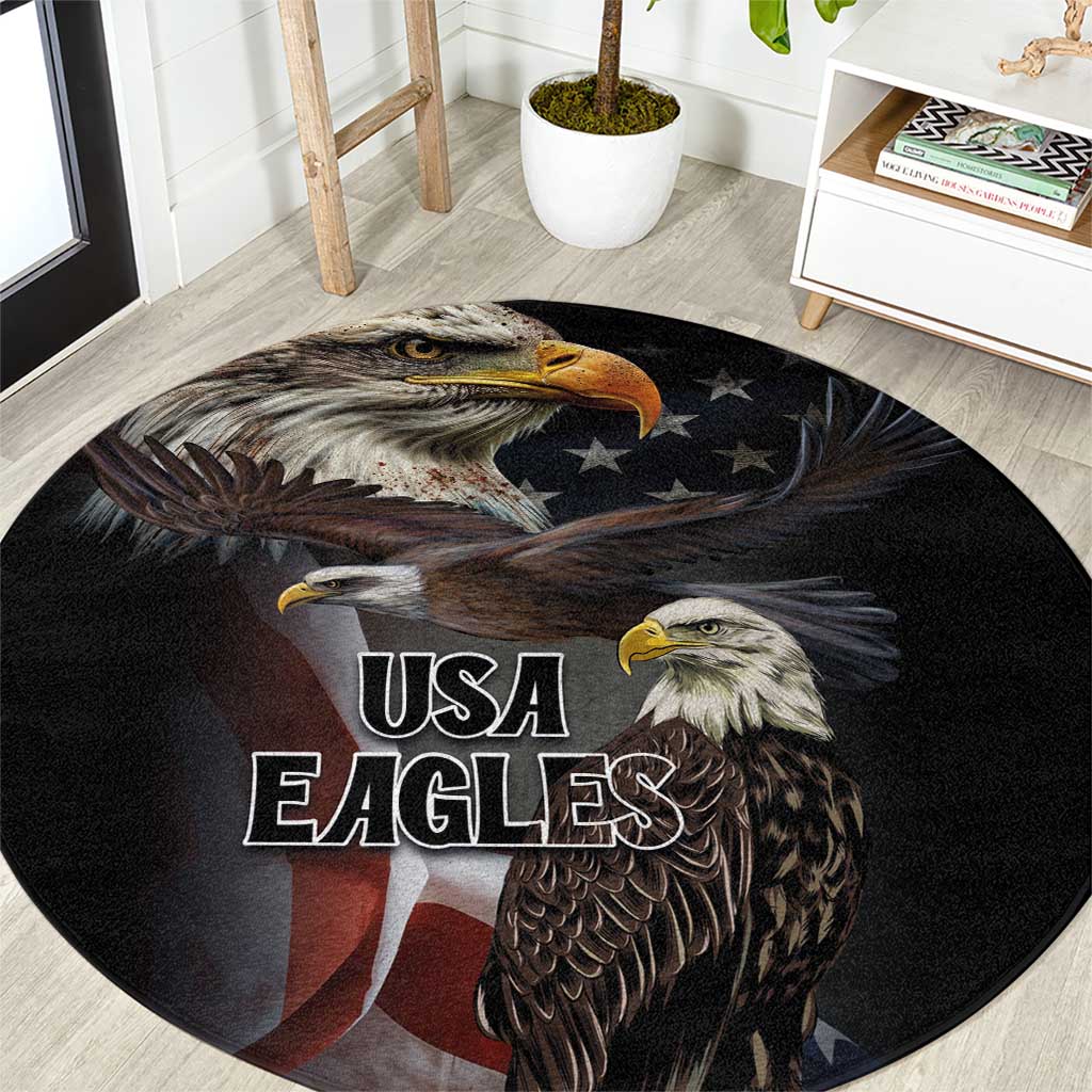 Round black USA EAGLES rug with eagle head graphic and stars-and-stripes design