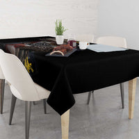 Black rectangular tablecloth featuring vintage eagle and star motif across the tabletop.